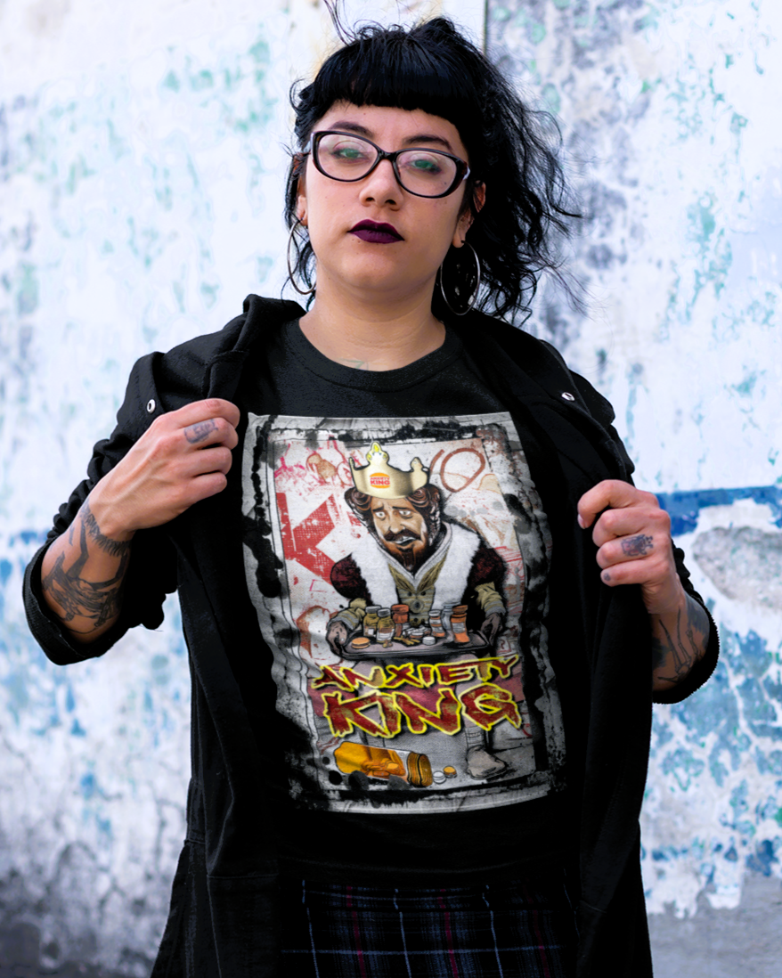 Anxiety King T-Shirt, Funny Burger King Parody Graphic Tee, Emo Punk Streetwear, Mental Health Meme Shirt