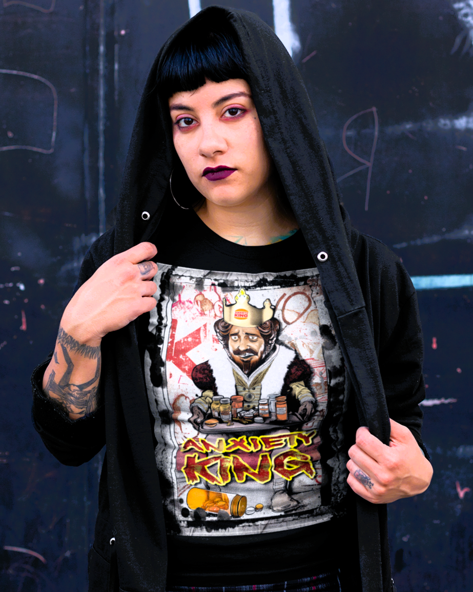 Anxiety King T-Shirt, Funny Burger King Parody Graphic Tee, Emo Punk Streetwear, Mental Health Meme Shirt