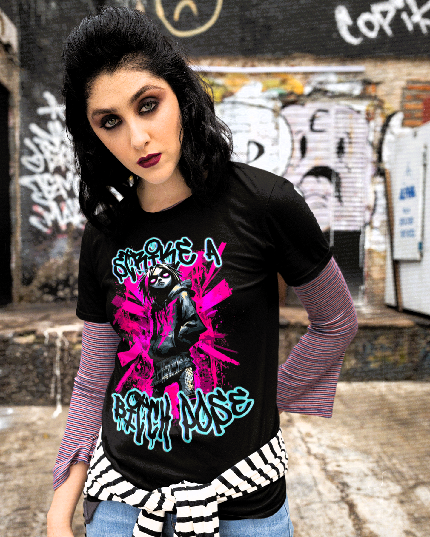 Strike a B***h Pose T-Shirt, Goth Punk Streetwear Graphic Tee, Alternative Grunge Y2K Fashion Shirt